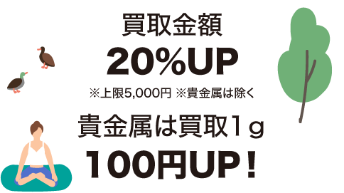 ■買取金額20％UP※上限5,000円※貴金属は除く ■貴金属は買取1ｇ100円UP！